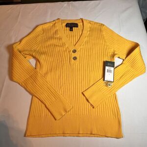 NWT Lauren Jean Company Yellow Ribbed Long Sleeve Sweater Gold Button Size L